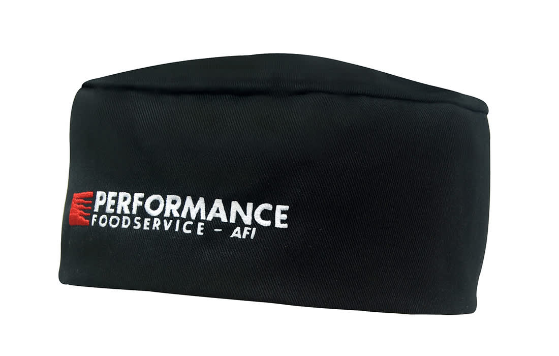 A black poly cotton chef's hat featuring a logo on the front. Poly Cotton Chefs Hat - Image 1
