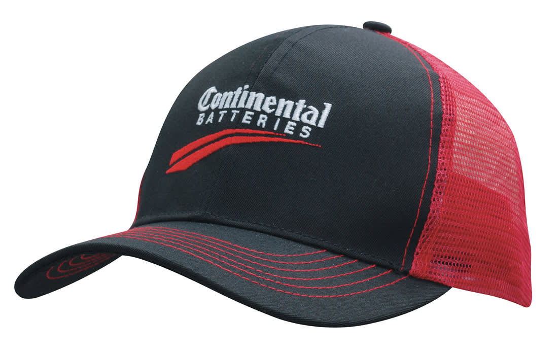 A black and red cap featuring a logo on the front, with a mesh back for breathability. Breathable Poly Twill With Mesh Back - Image 1