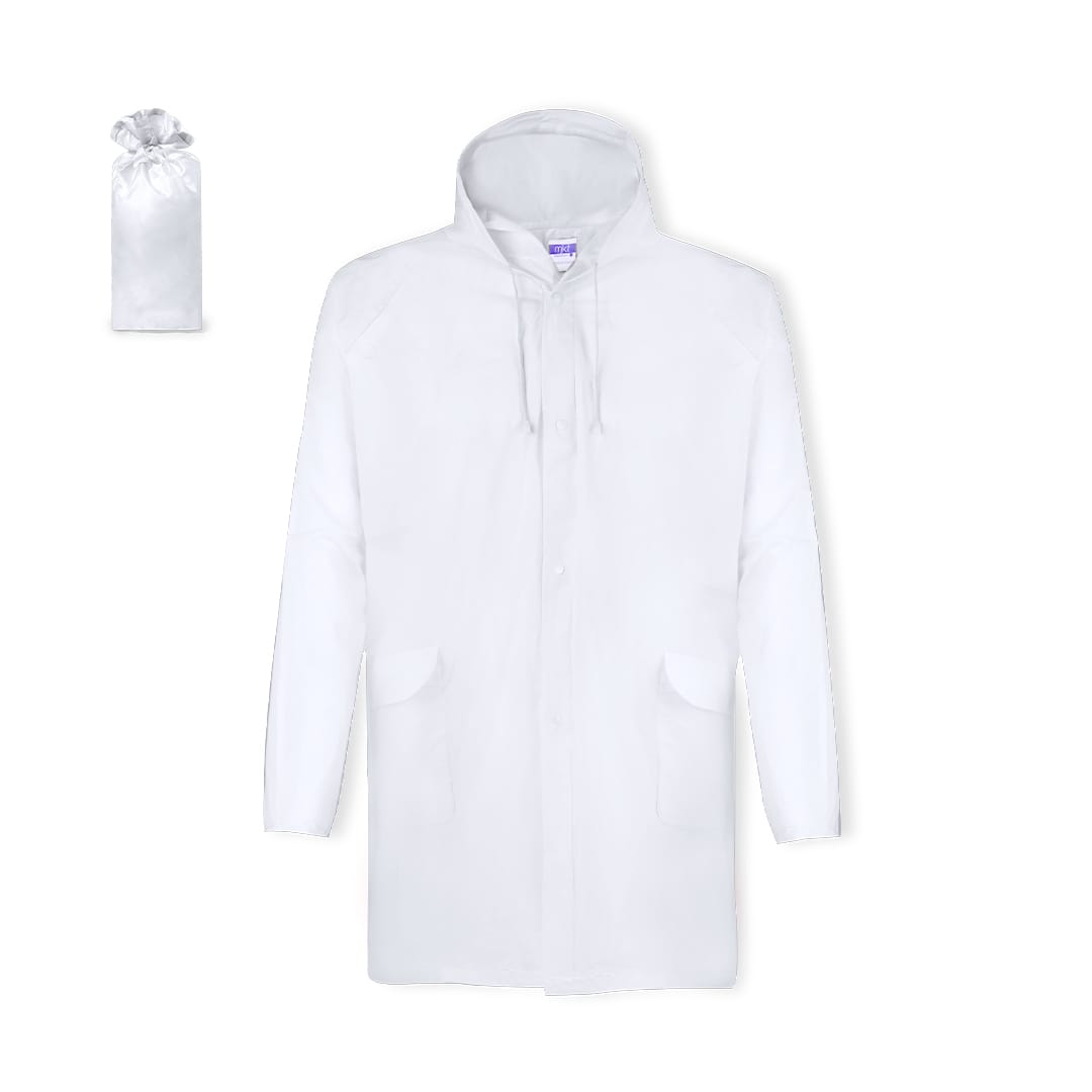 A white rain jacket with a hood and front pockets, packaged beside a matching pouch. It features a logo. Hydrus Raincoat - Image 1