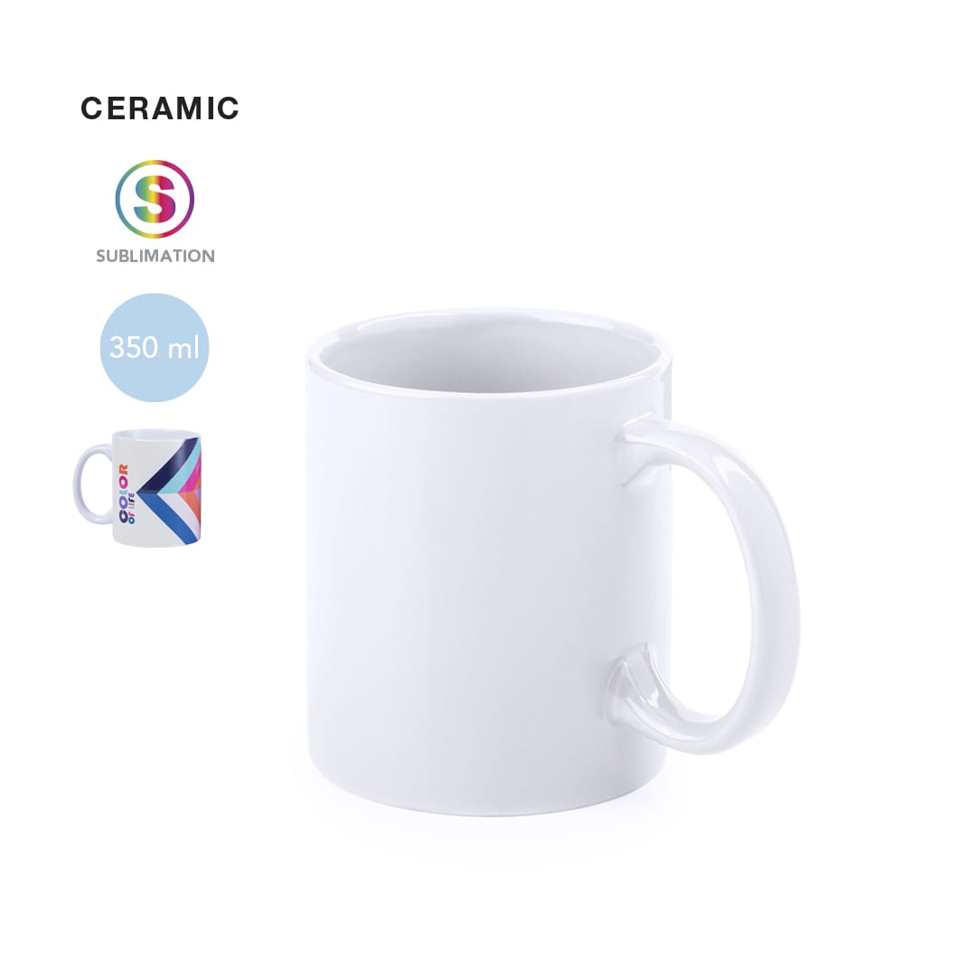 A ceramic coffee mug in white with a glossy finish, featuring a logo and a sublimation design area. Bornel Sublimation Mug - Image 1