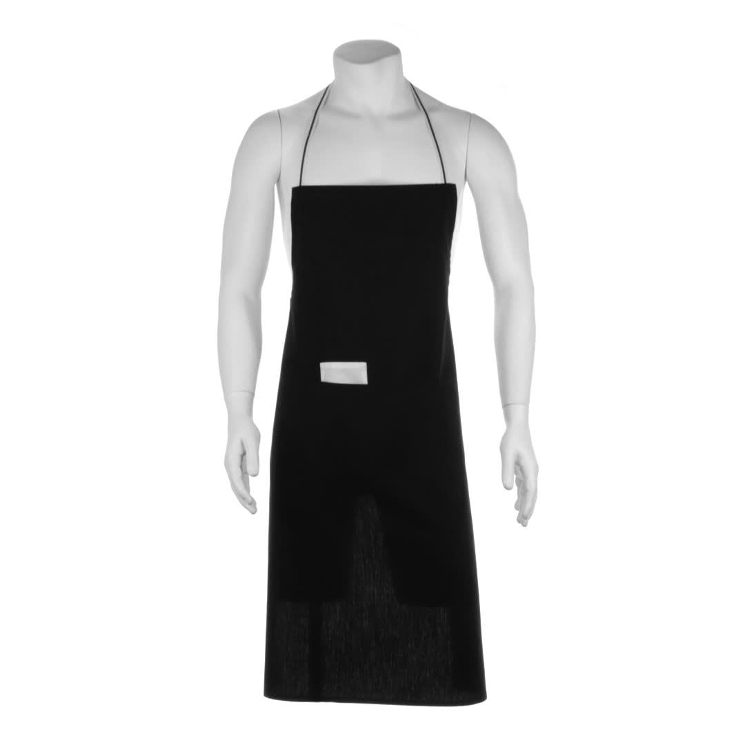 A black apron displayed on a mannequin, featuring a pocket and a small logo. Bacatus Apron - Image 1