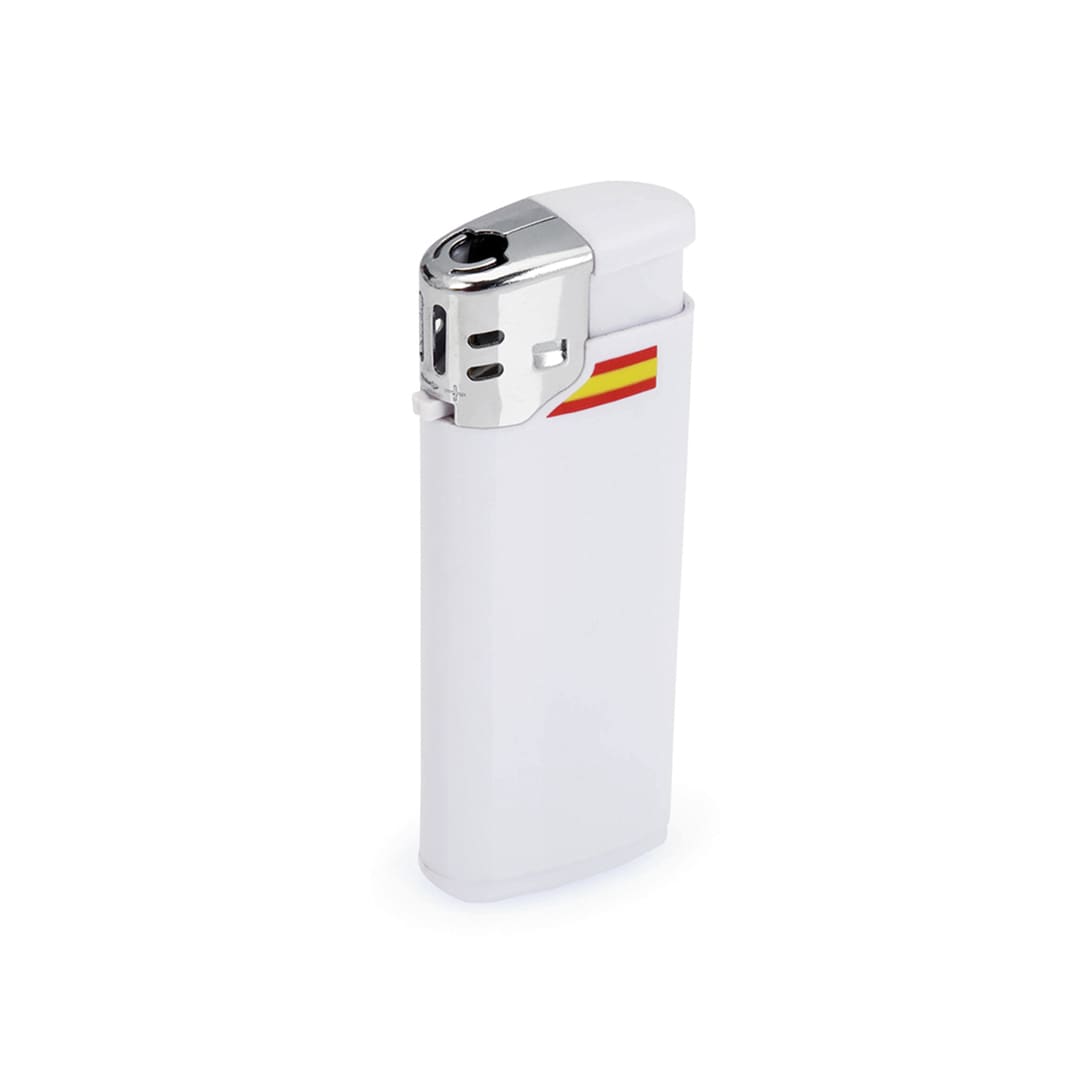 A white lighter with a shiny chrome top, featuring a small logo on the side. Mundi Lighter - Image 1