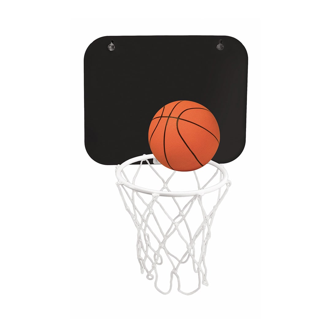 A basketball hoop with a black backboard and an orange basketball resting on the white net. Jordan Basket - Image 1