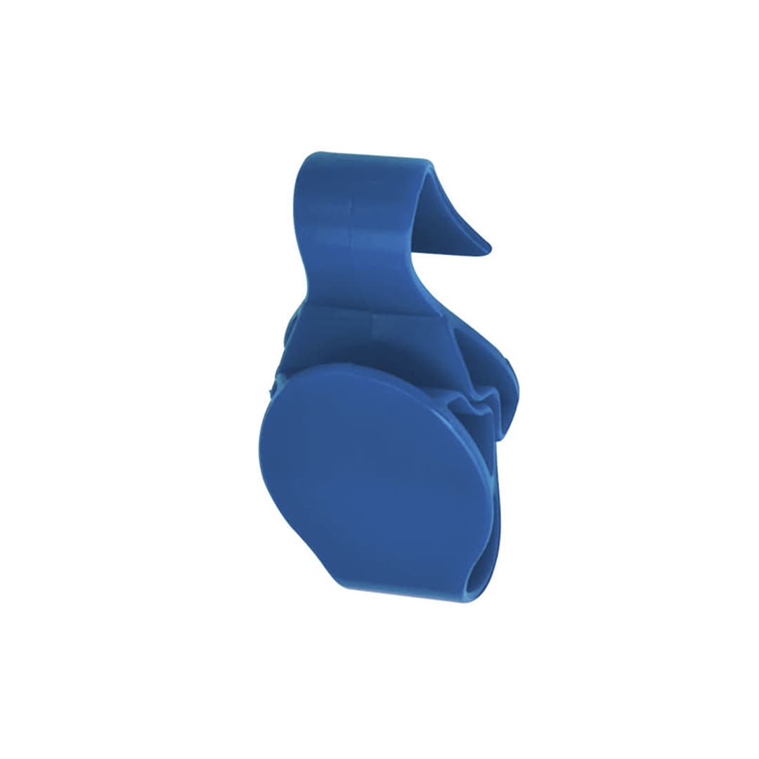 A blue Taker Bag Holder with a rounded shape and a clip for attachment. It has a simple, functional design. Taker Bag Holder - Image 1