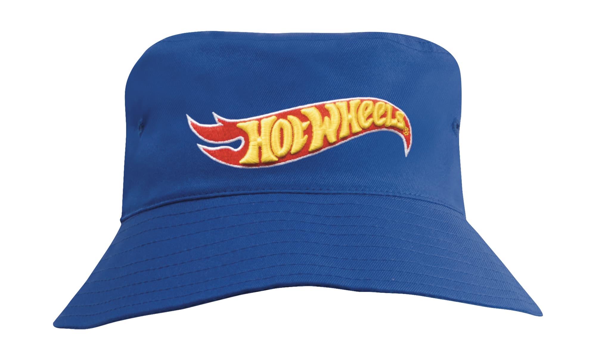 A blue youth bucket hat featuring a logo on the front. The hat has a wide brim for sun protection. Breathable Poly Twill Youth Bucket Hat - Image 1