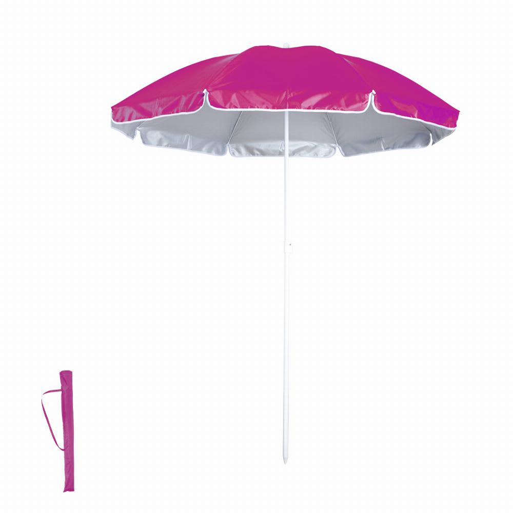 A beach umbrella in vibrant pink and white, featuring a central pole and a carrying sleeve. Taner - Image 1