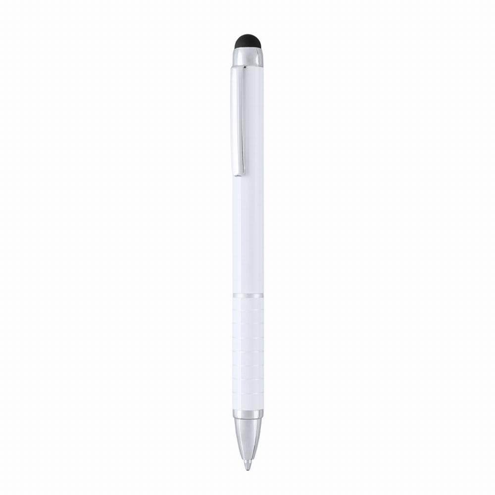 A white pen with a silver clip and a textured grip, featuring a stylus tip at the top. It has a logo present. Minox - Image 1