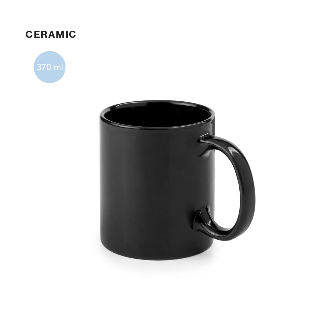 A black ceramic coffee mug with a glossy finish and a handle, holding 370 ml. Zifor Mug - Image 1