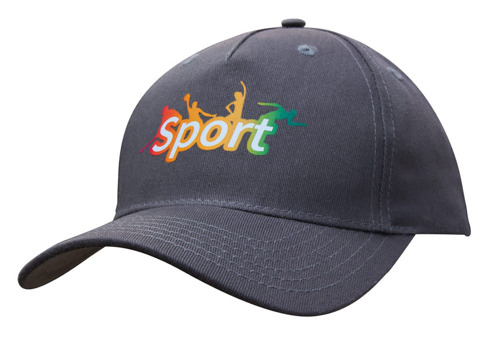 A grey cotton twill cap with a logo featuring multicoloured sports figures. Cotton Twill Cap - Image 1