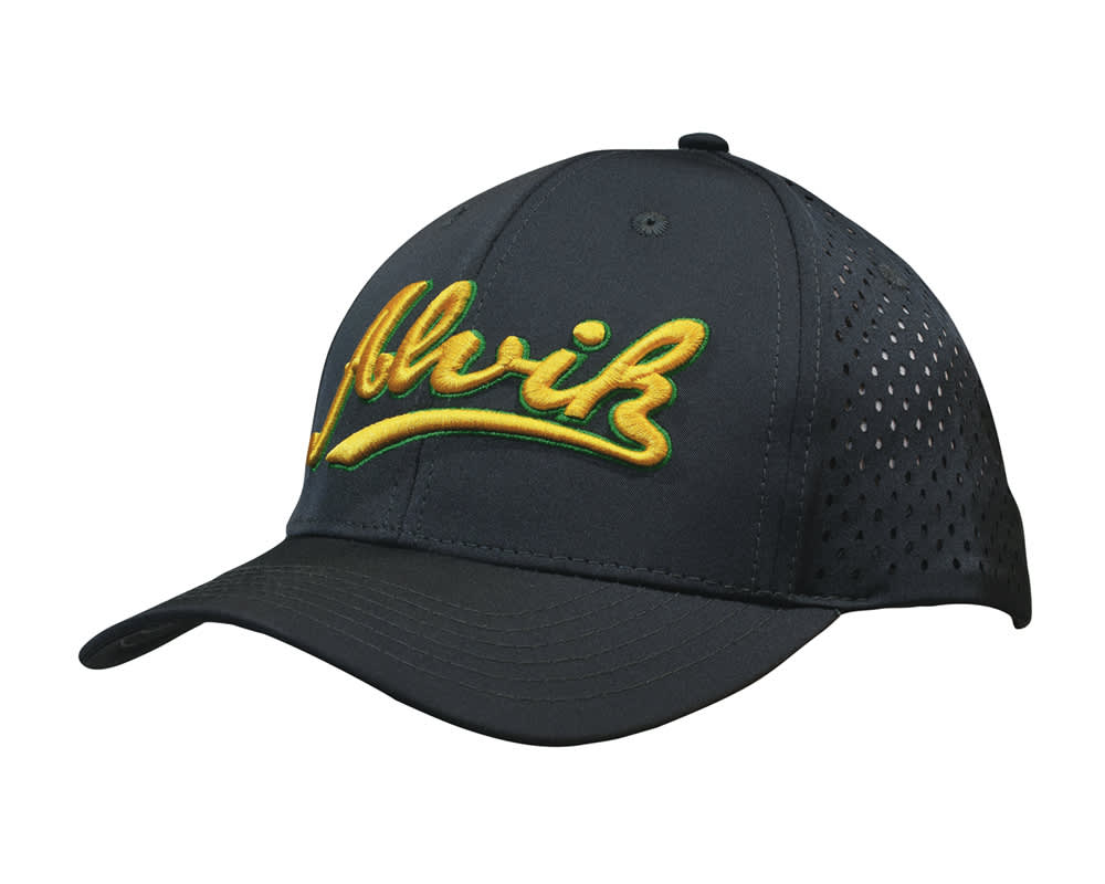 A cap featuring a perforated design, predominantly black with a yellow embroidered logo. Premium Pioneer Sports Twill with tear drop perforations - Image 1