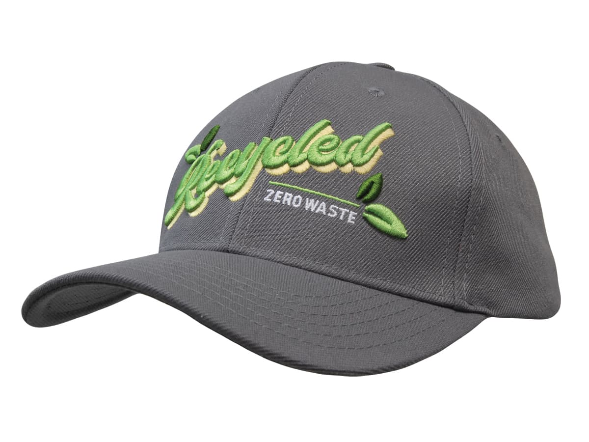 A grey cap with a curved brim and a logo featuring green text and leaf details. Premium American Recycled Twill Cap - Image 1
