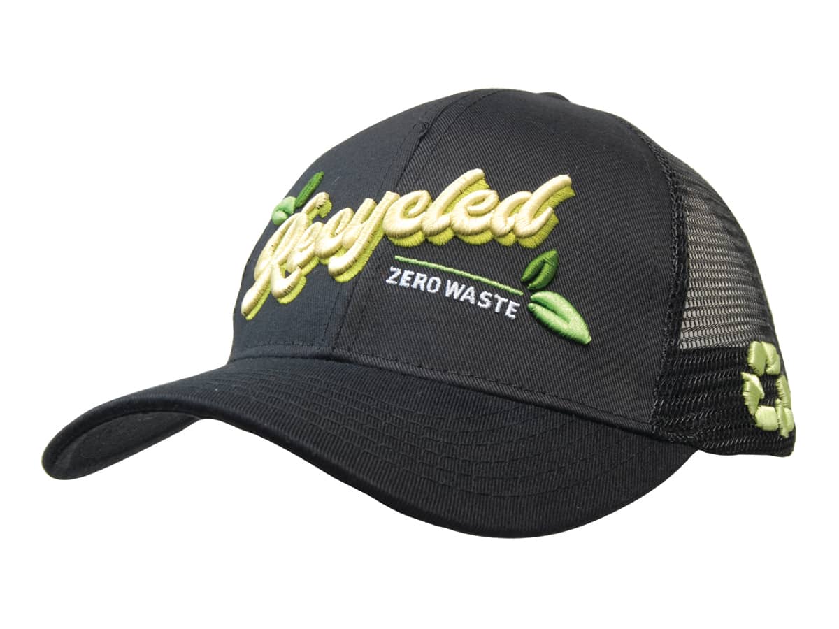 A black cap with a breathable mesh back featuring green embroidered elements and a logo. Recycled Breathable Poly Twill with Mesh Back Cap - Image 1