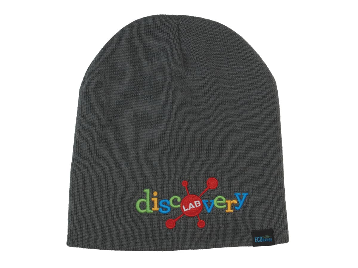 A grey beanie featuring a multicoloured embroidered logo and a small branding tag. Recycled Roll Down Beanie - Image 1