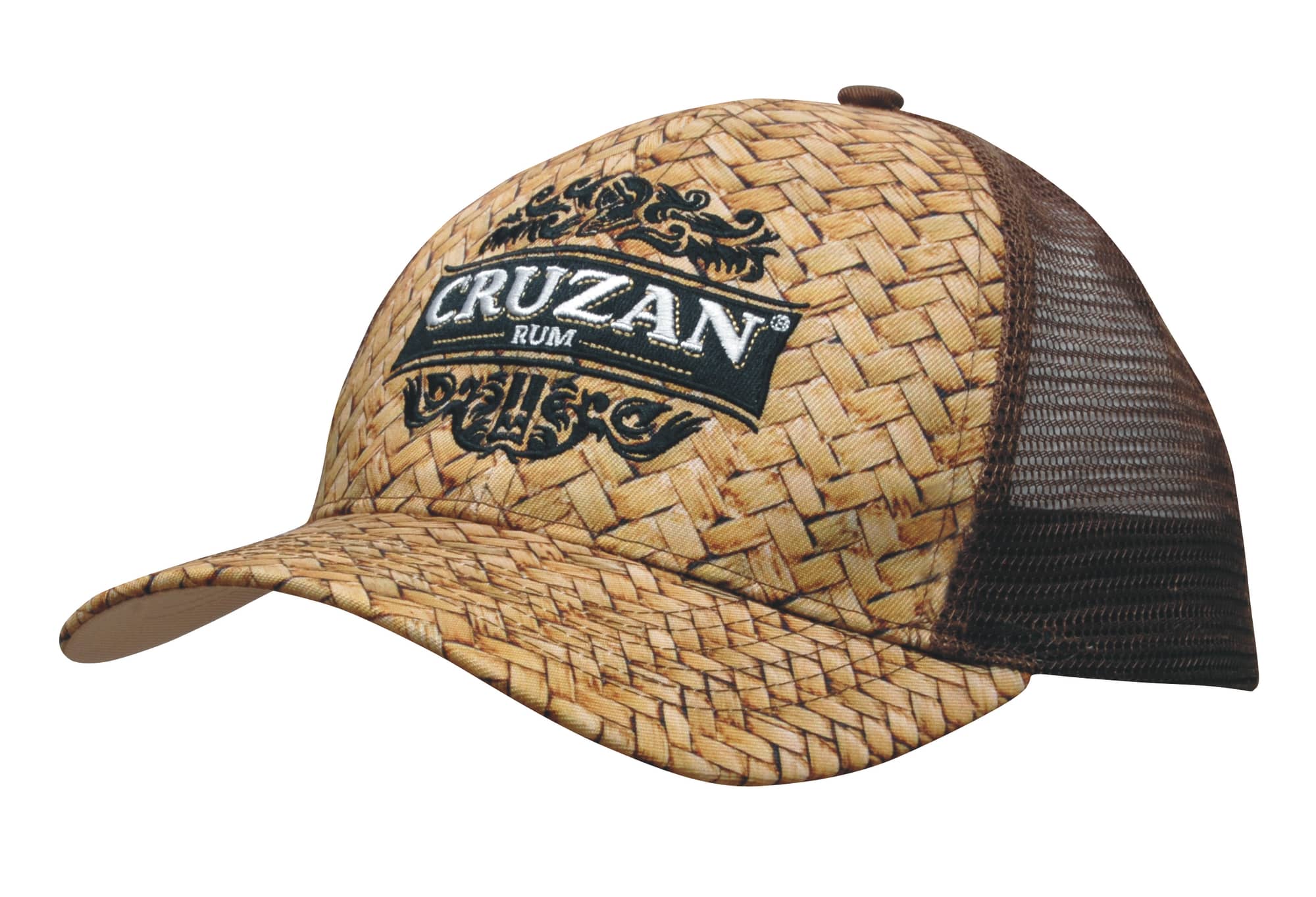 A straw-patterned cap with a brown mesh back and a logo on the front. Cane Print with Mesh Back - Image 1