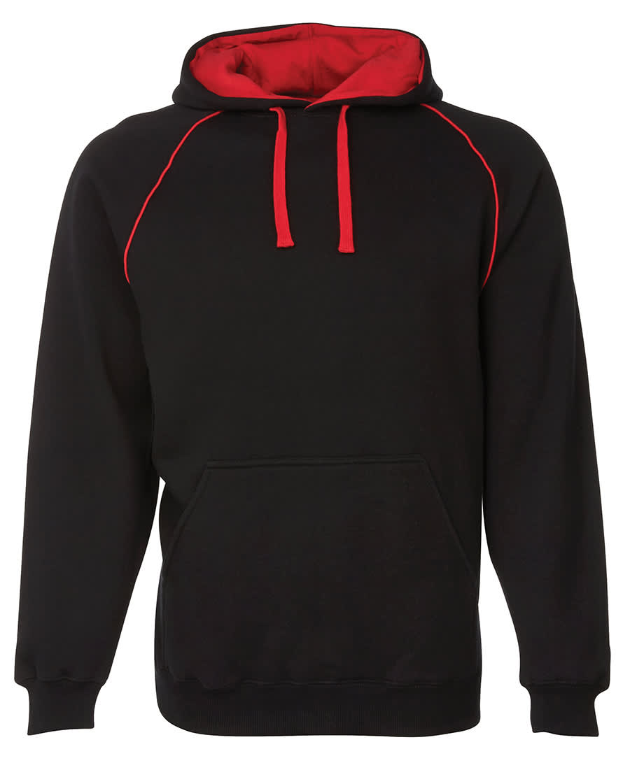 A black hoodie with contrasting red detailing on the hood and drawstrings, featuring a front pocket and a logo. JB's Contrast Fleecy Hoodie - Image 1