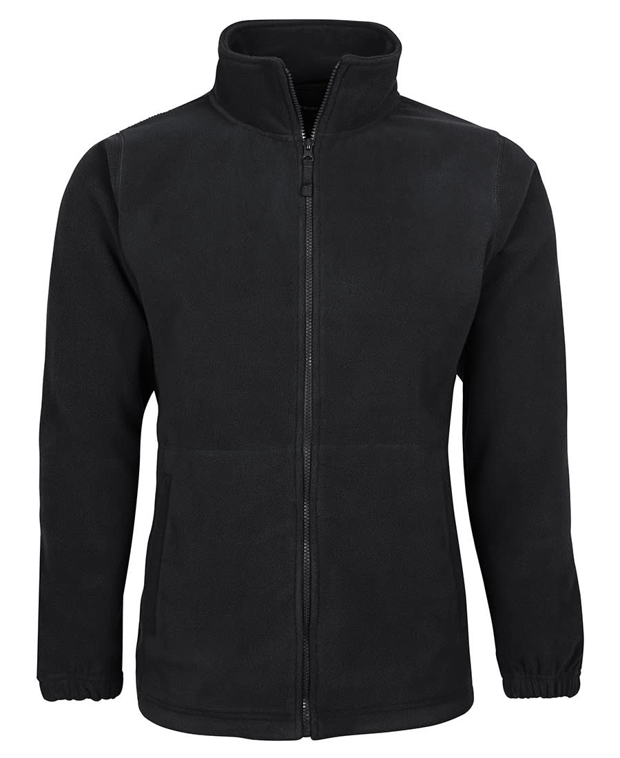A black polar fleece jacket featuring a zip front and side pockets, with elastic cuffs and a collar. JB's - Image 1