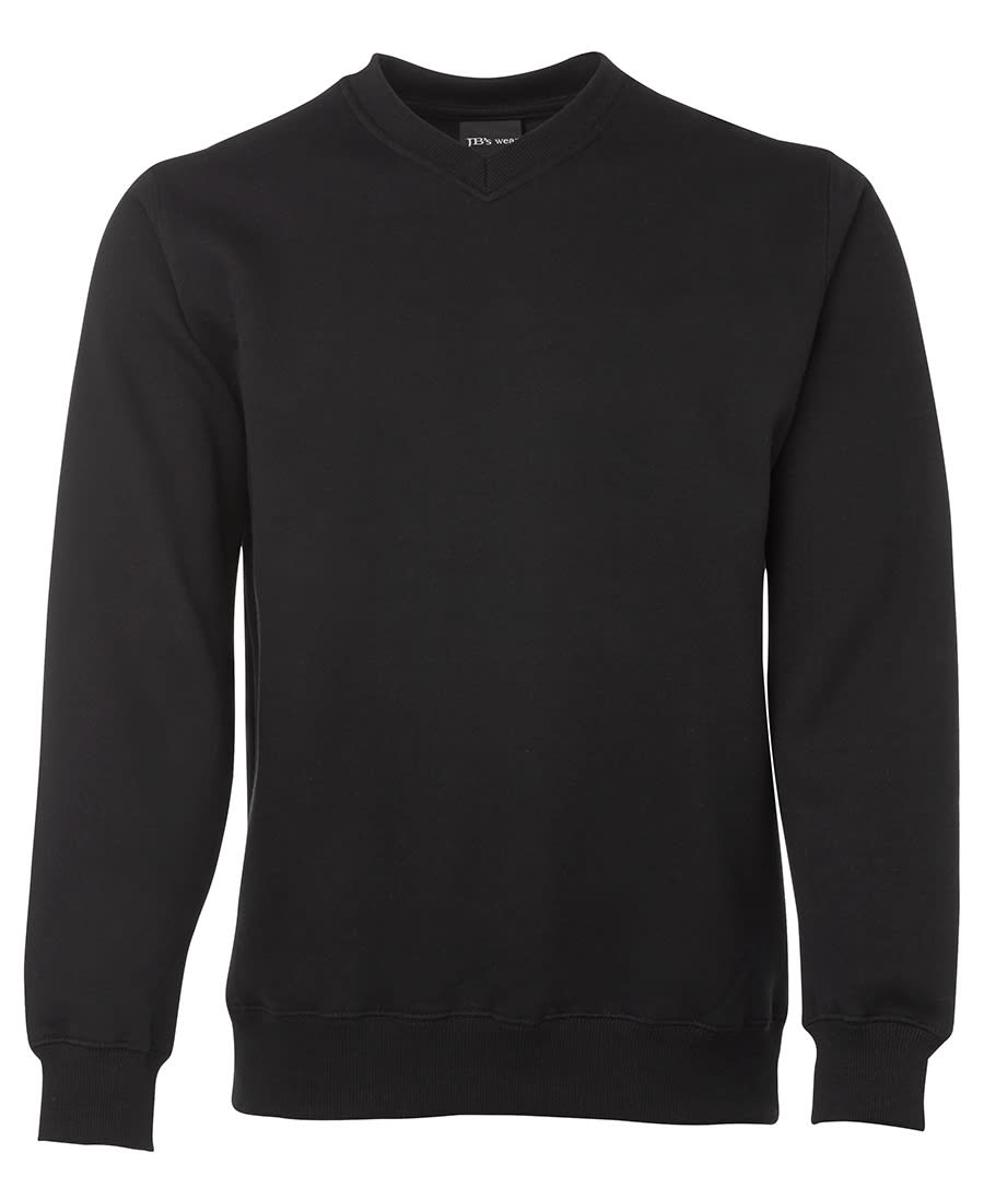 A black V-neck fleece jumper featuring long sleeves and a ribbed hem. It has a logo on the label. JB's V Neck Fleecy Sweat - Image 1