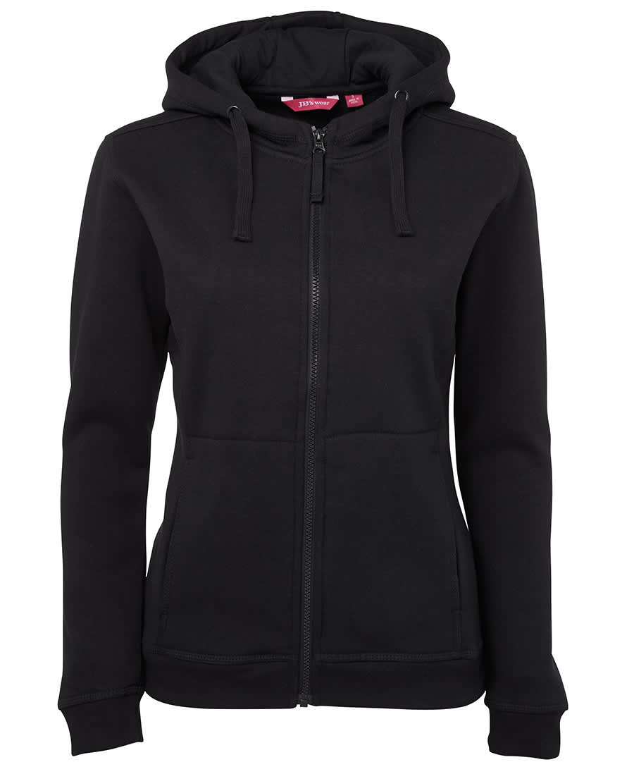 A black full zip fleece hoodie for women with a hood and front pockets, featuring a logo. JB's Ladies Full Zip Fleecy Hoodie - Image 1