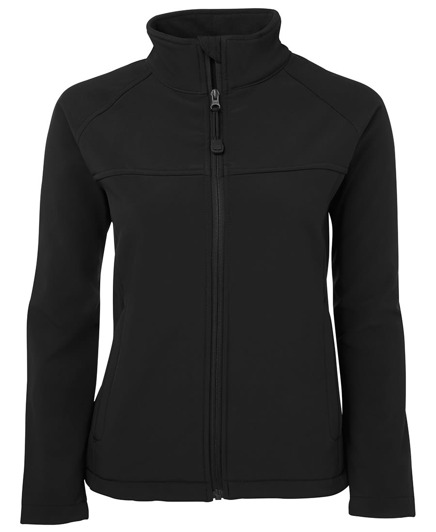 A black softshell jacket with a zip front and a stand-up collar, featuring a logo on the chest. JB's Ladies Layer (Softshell) Jacket - Image 1