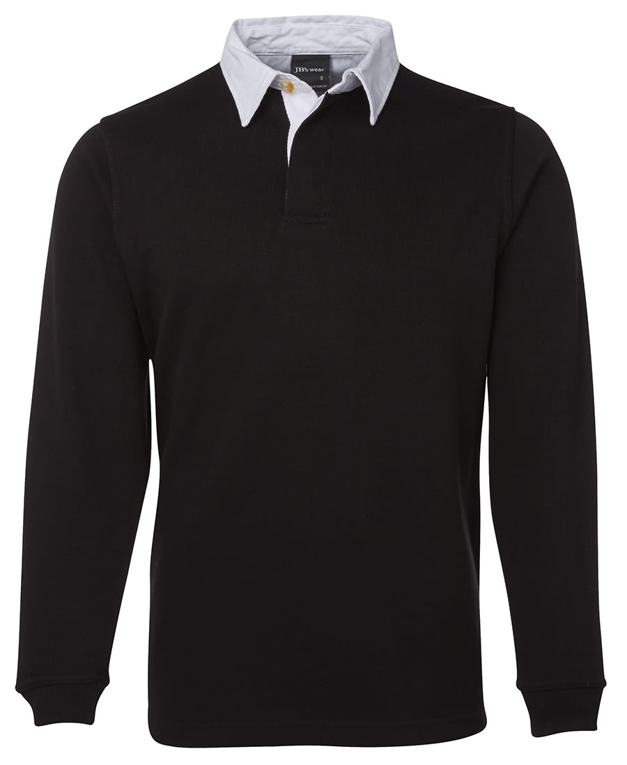 A black long-sleeve polo shirt with a white collar and a logo on the chest. JB's Rugby - Image 1