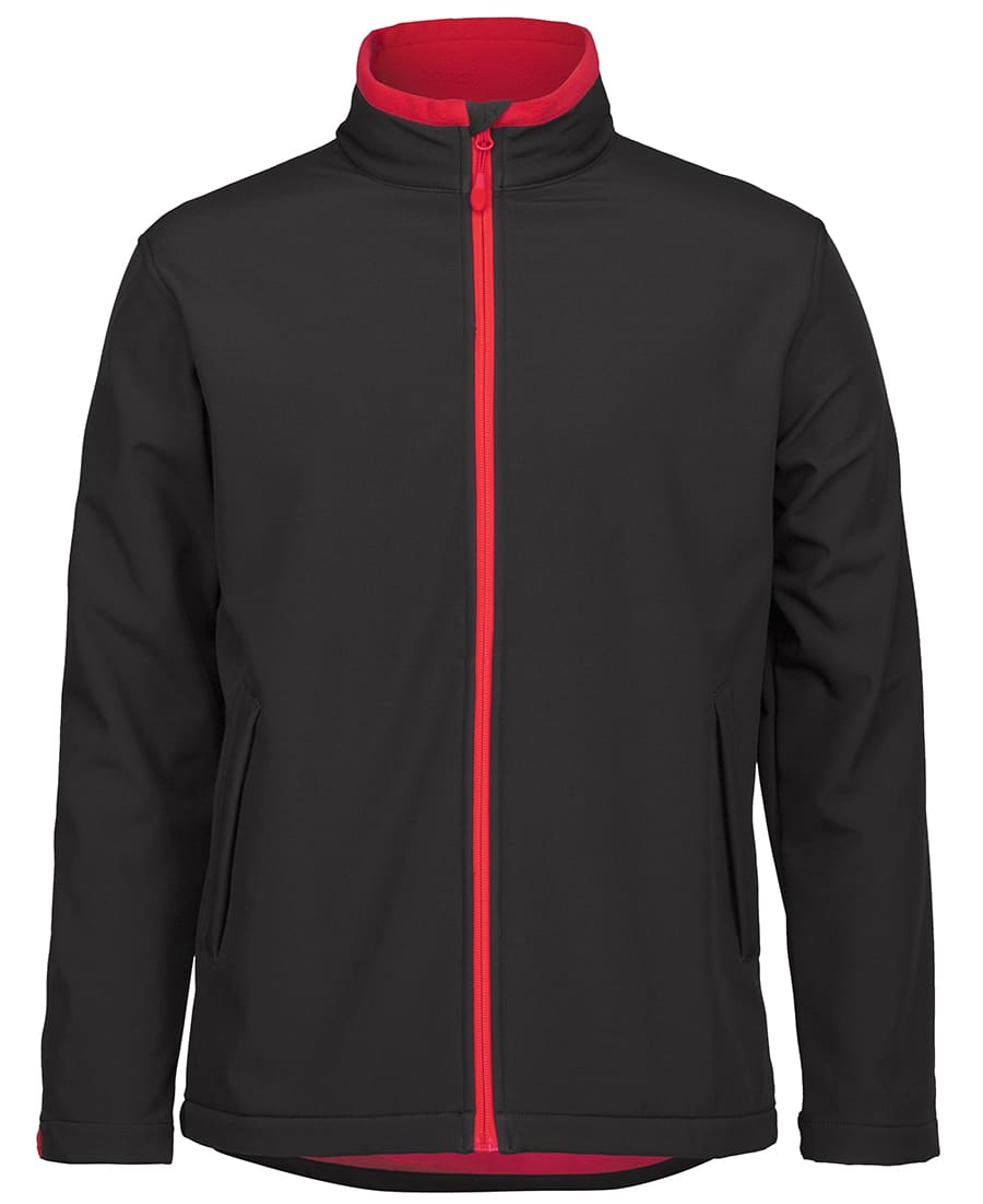 A soft shell jacket in black with a red zip and inner lining, featuring side pockets and a zip-up design. Pdm - Image 1