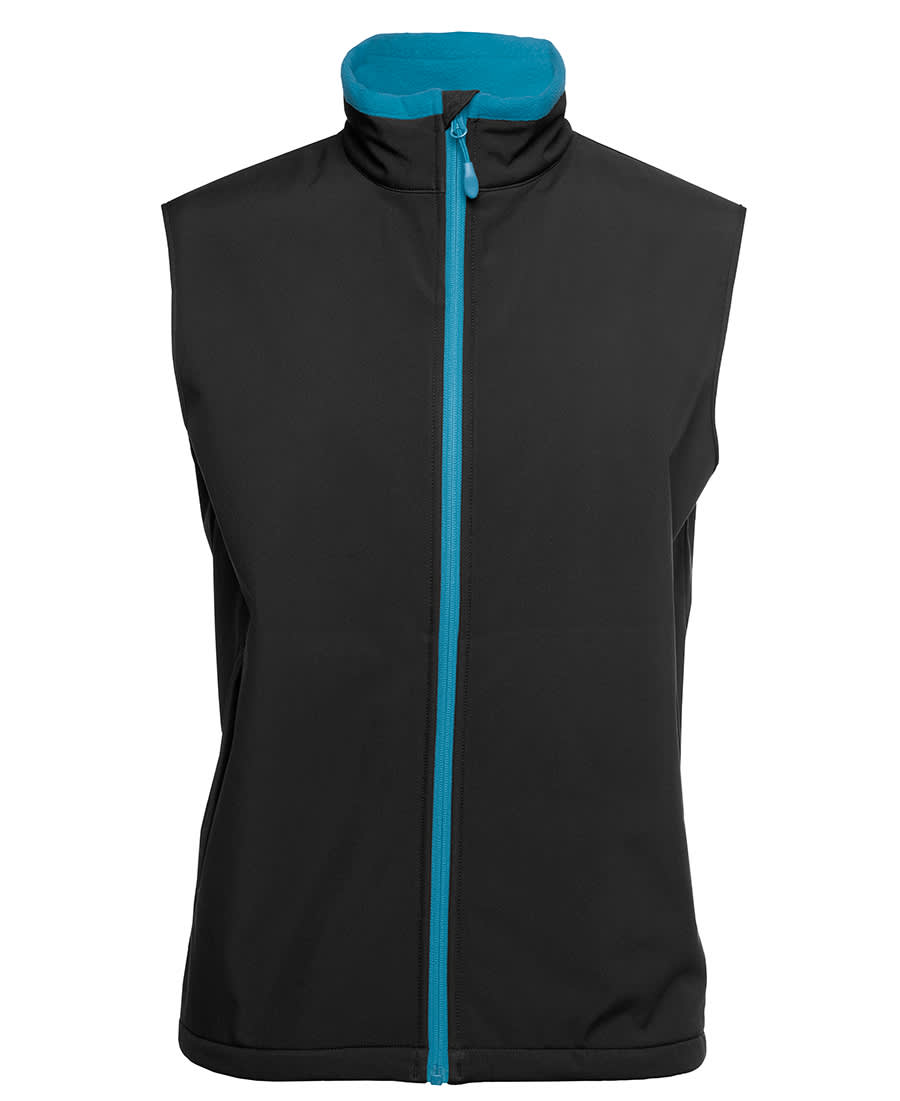 A black three-layer softshell vest with a turquoise inner collar and zipper, featuring a logo. Pdm Three Layer Softshell Vest - Image 1