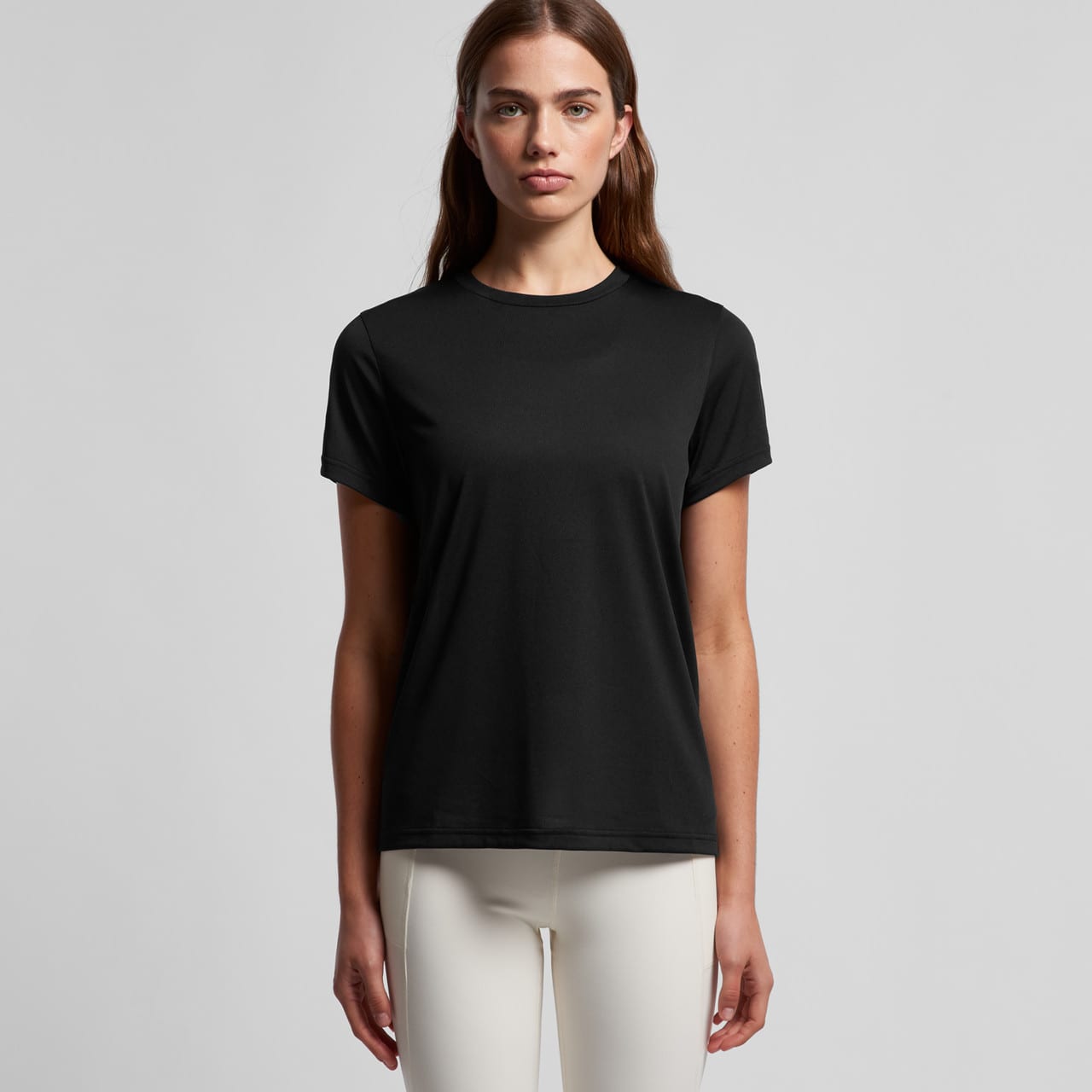 A black active t-shirt featuring a simple design and a logo. Suitable for casual or athletic wear. Wo's Maple Active Tee - Image 1