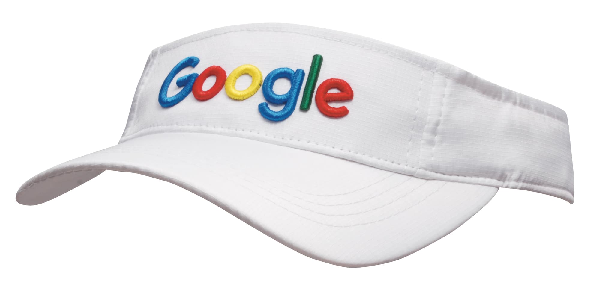 A white visor with a logo, featuring a multi-coloured word in an embroidered style on the front. Sports Ripstop Visor - Image 1