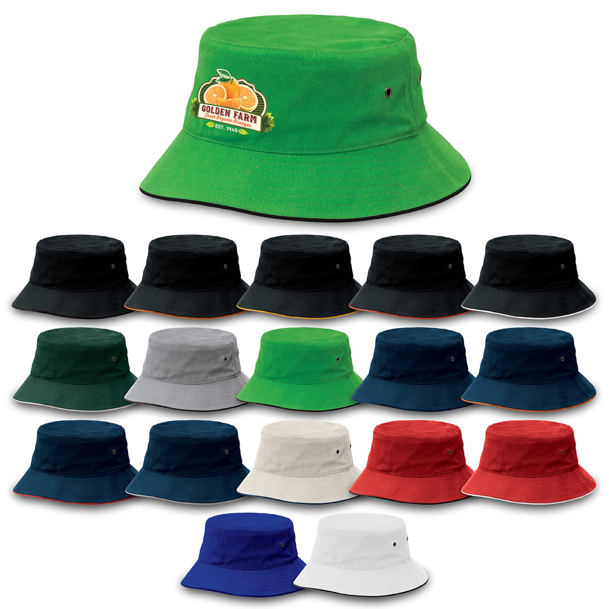 A range of bucket hats in various colours, including green, black, navy, white, and red, with a logo on one. Sandwich Brim Bucket Hat - Image 1