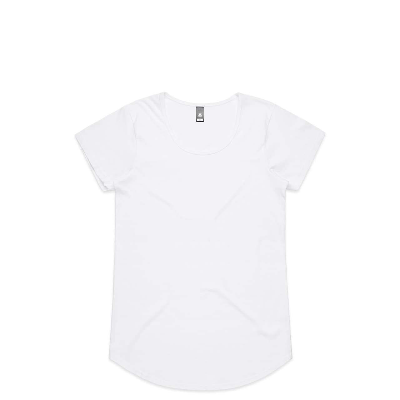A white T-shirt with a rounded neckline and short sleeves, featuring a simple design and a tag. Wo's Mali Tee - Image 1