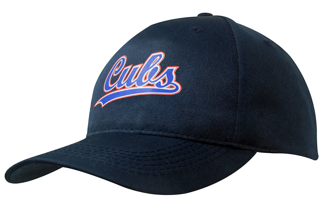 A breathable navy poly twill cap with a logo on the front. The cap features a curved brim and adjustable fit. Breathable Poly Twill Cap - Image 1