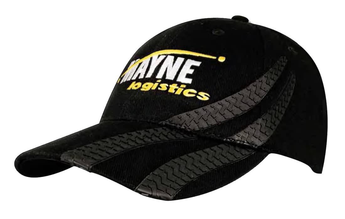 A black cap featuring tyre track designs and a logo on the front. Brushed Heavy Cotton with Tyre Tracks - Image 1