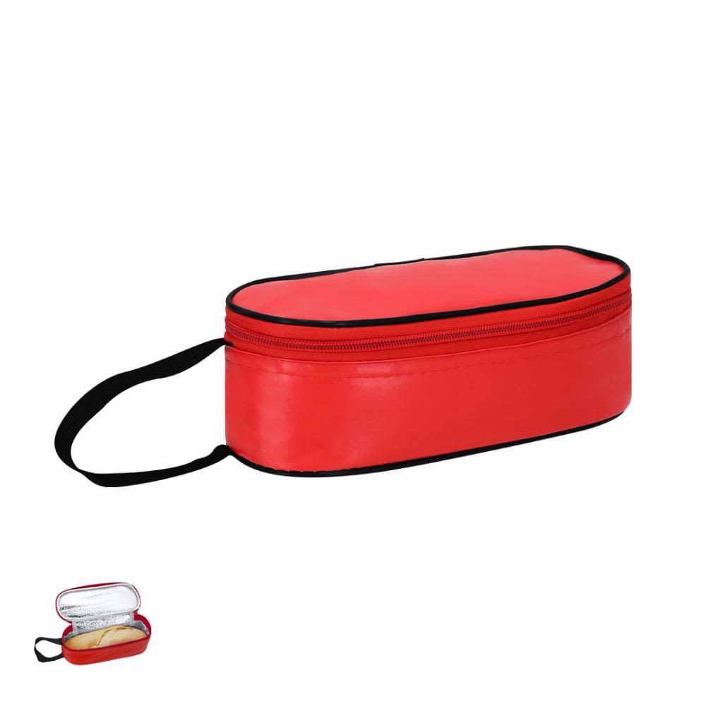 A red zippered bag with a black trim and handle, featuring an open view showing its interior contents. Rufus - Image 1