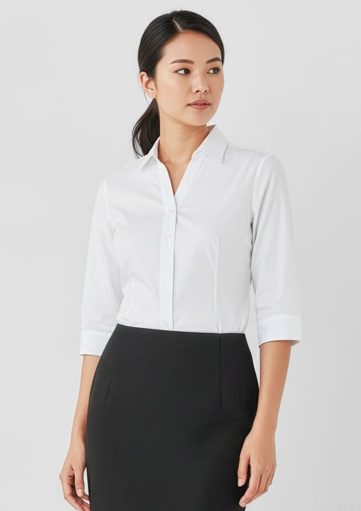 A white women's button-up shirt with 3/4 sleeves, featuring a simple and elegant design, paired with a black skirt. Womens Hudson 3/4 Sleeve Shirt - Image 1
