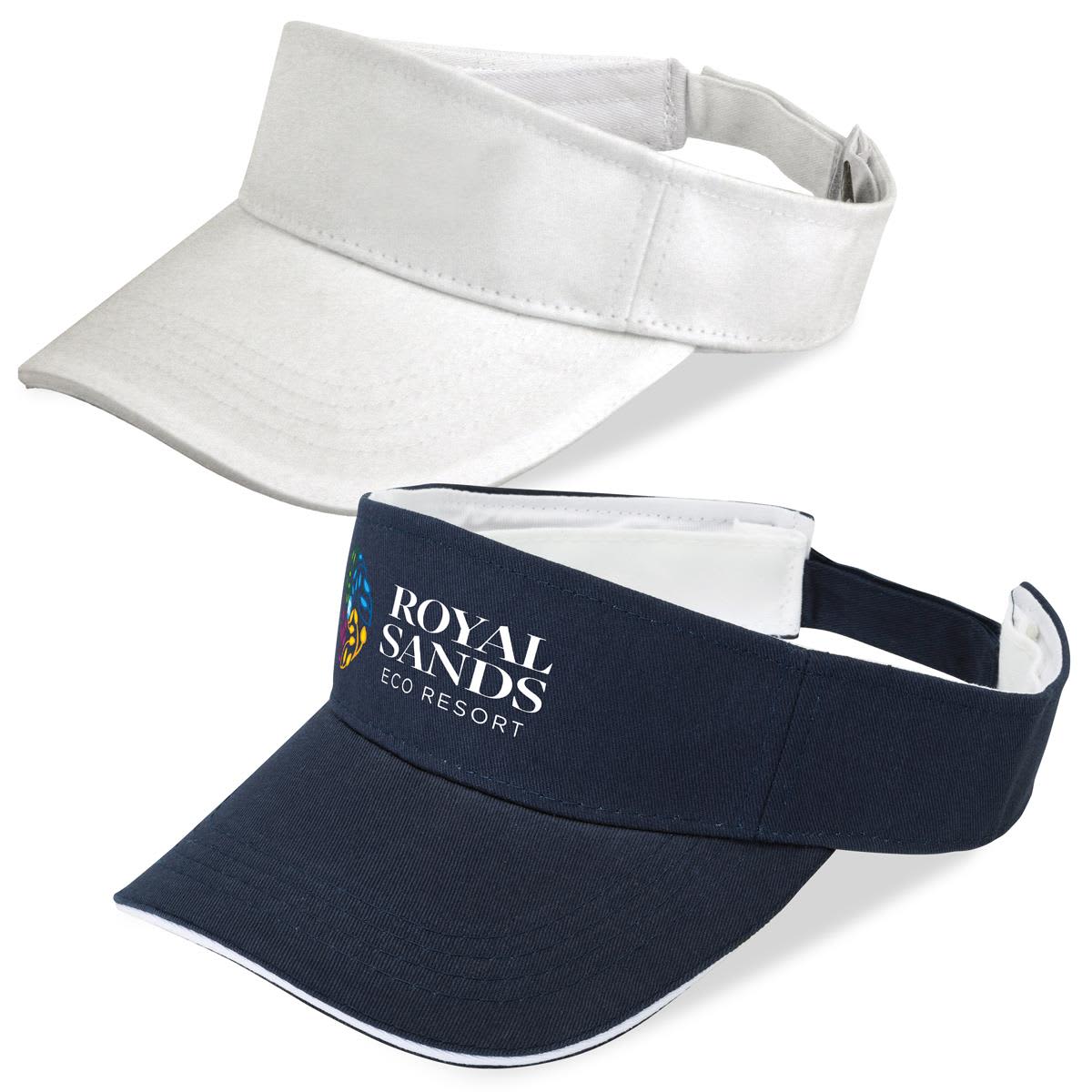 Two visors in white and navy, featuring a logo on the navy visor. Suitable for headwear. Sandwich Peak Visor - Image 1