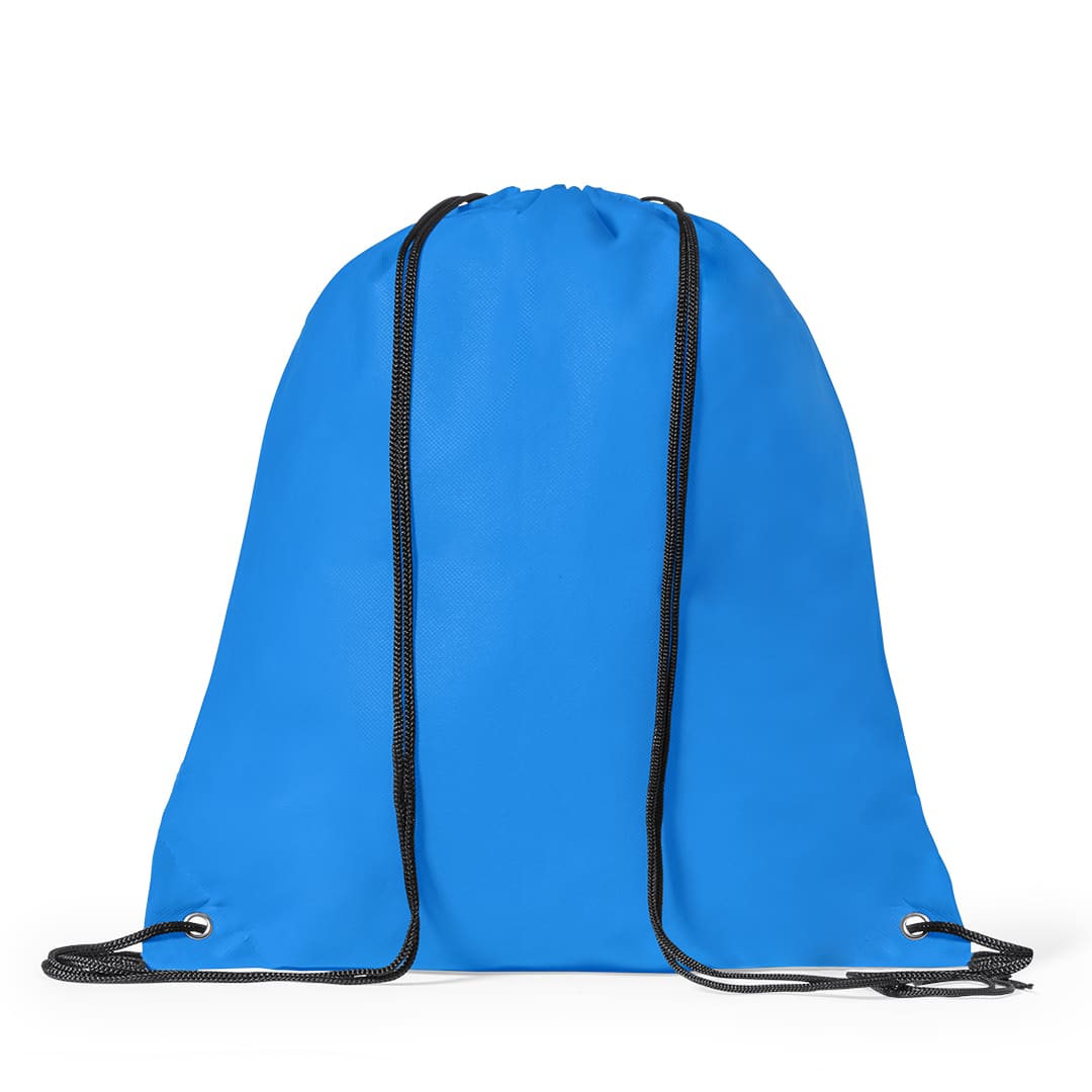 A blue drawstring bag with black cords and eyelets, featuring a simple design and no visible branding. Hera Drawstring Bag - Image 1