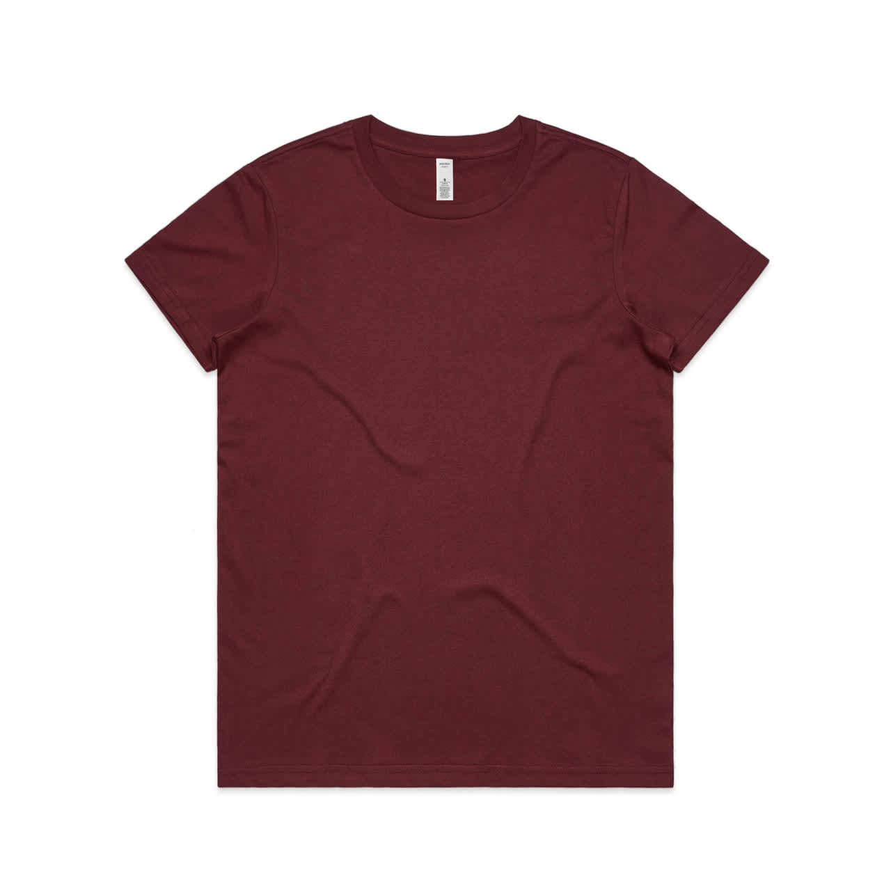A maroon basic tee, short-sleeved with a round neckline. The shirt features a logo on the tag. Wo's Basic Tee - Image 1