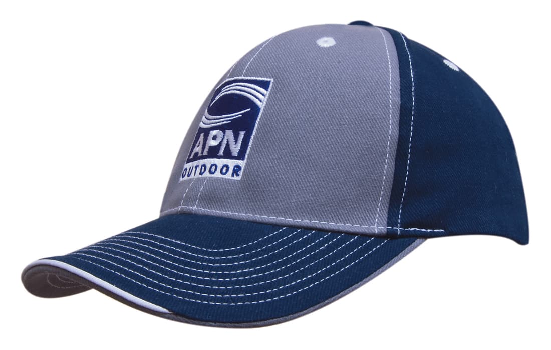 A two-tone cap in navy and grey with contrasting stitching and an open lip sandwich design, featuring a logo. Brushed Heavy Cotton Two Tone Cap with Contrasting Stitching and Open Lip Sandwich - Image 1