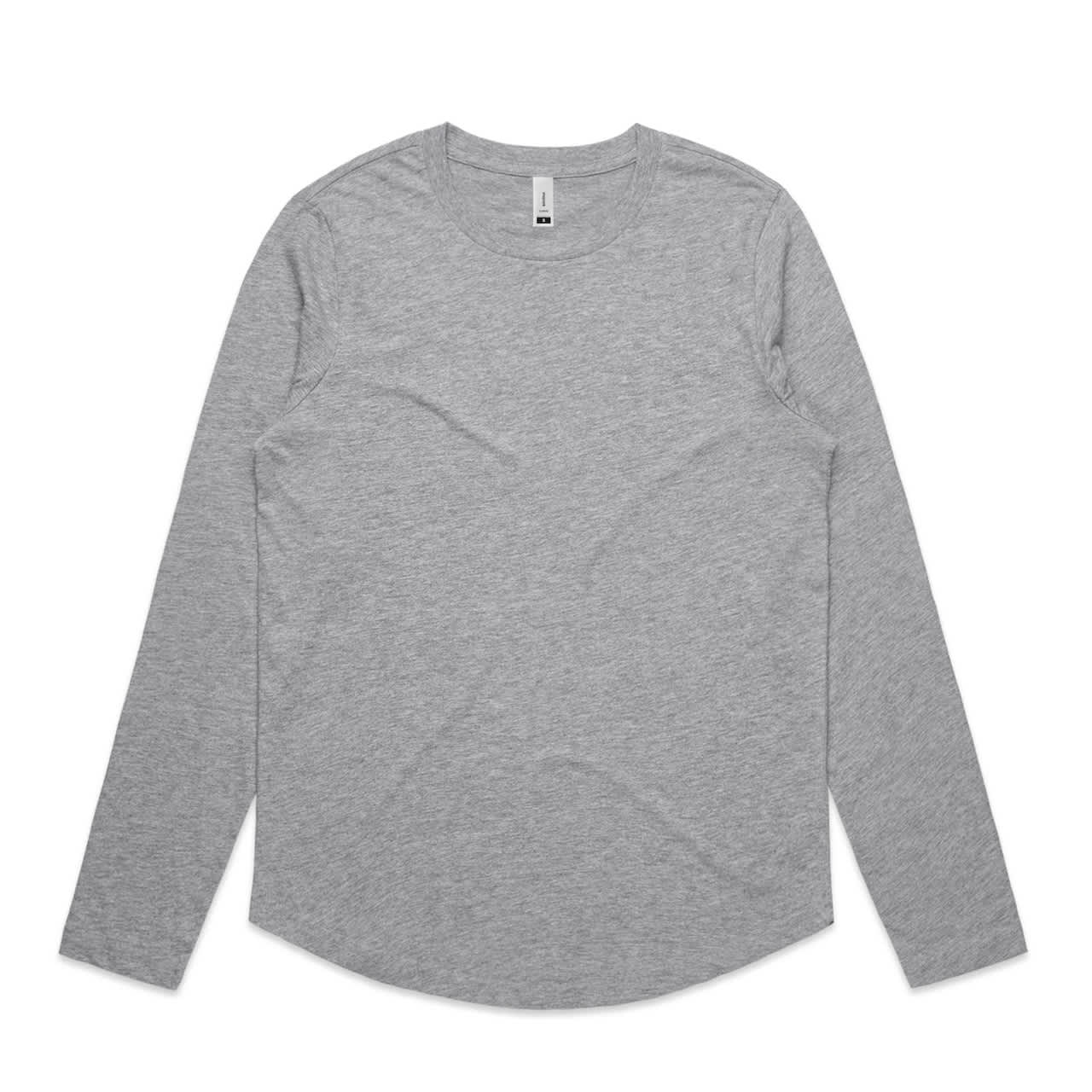 A long-sleeve grey t-shirt with a curved hem and a small logo branding on the label. Wo's Curve L/S Tee - Image 1