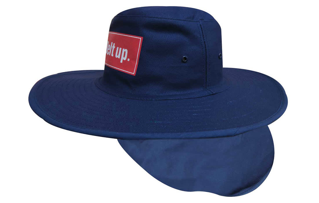A navy canvas sun hat with a wide brim and a flap at the back, featuring a logo on the front. Canvas Sun Hat - Image 1