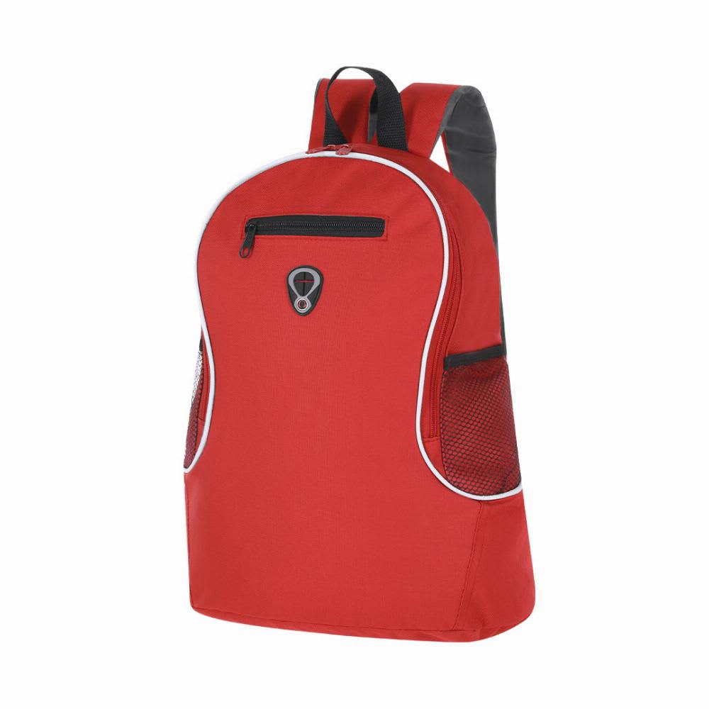 A red backpack with a zippered front pocket and mesh side pockets, featuring black straps and accents. Humus - Image 1