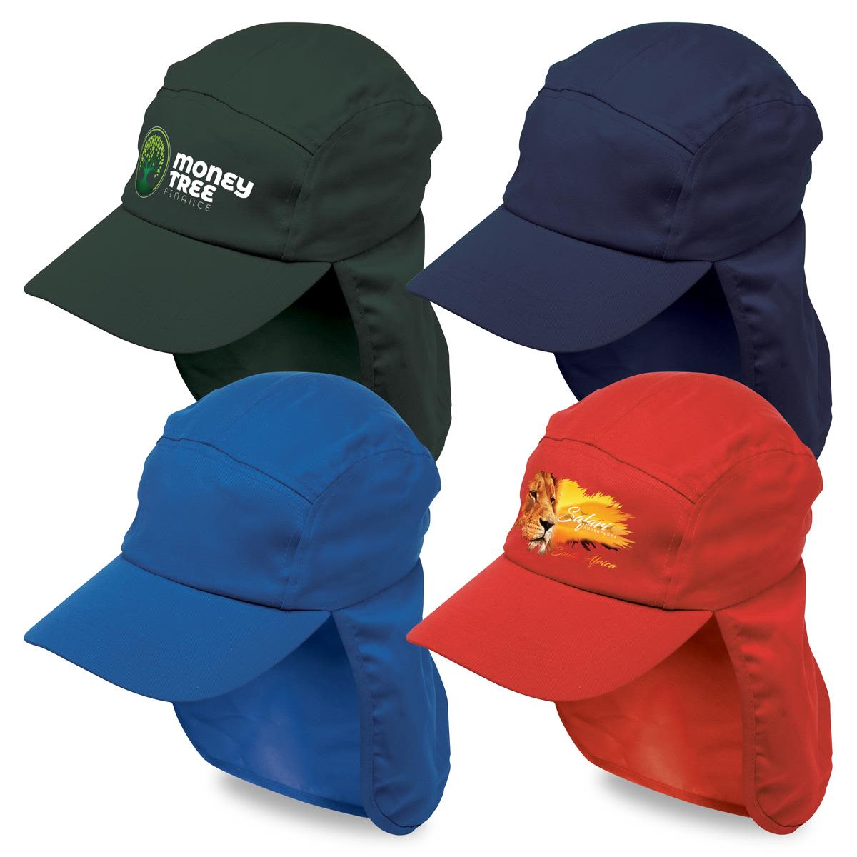 A collection of four headwear items in green, navy, red, and blue, featuring various designs and a logo. Poly Viscose Legionnaire - Image 1