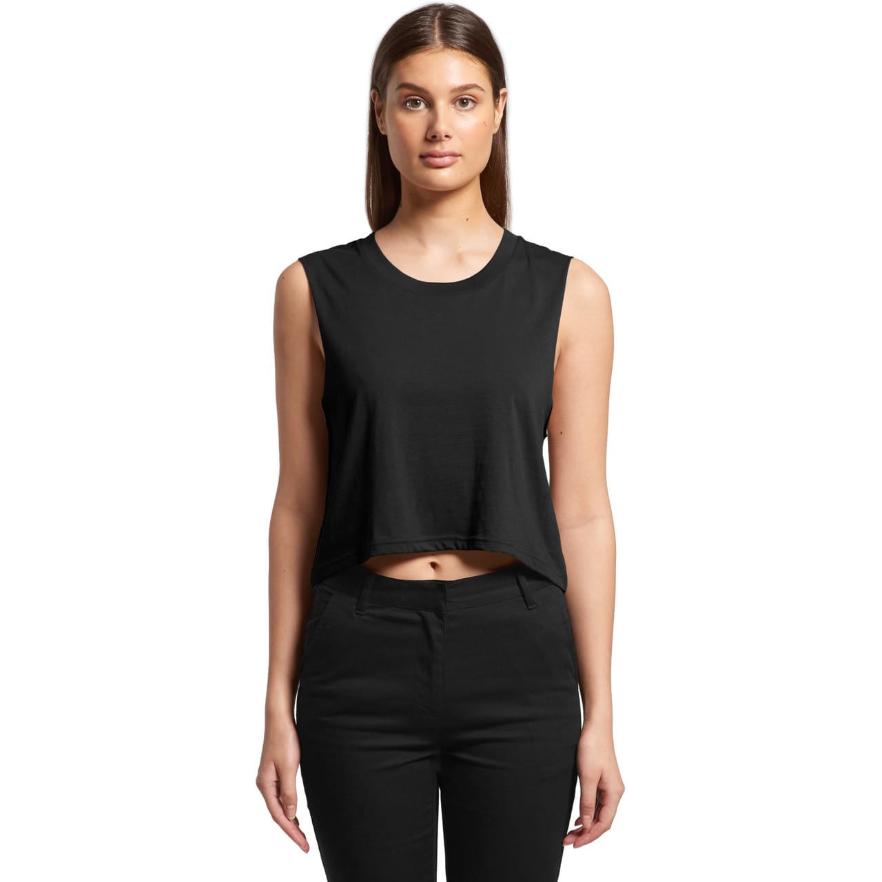 A black crop tank top with a relaxed fit, featuring a simple design and no visible branding. Wo's Crop Tank - Image 1