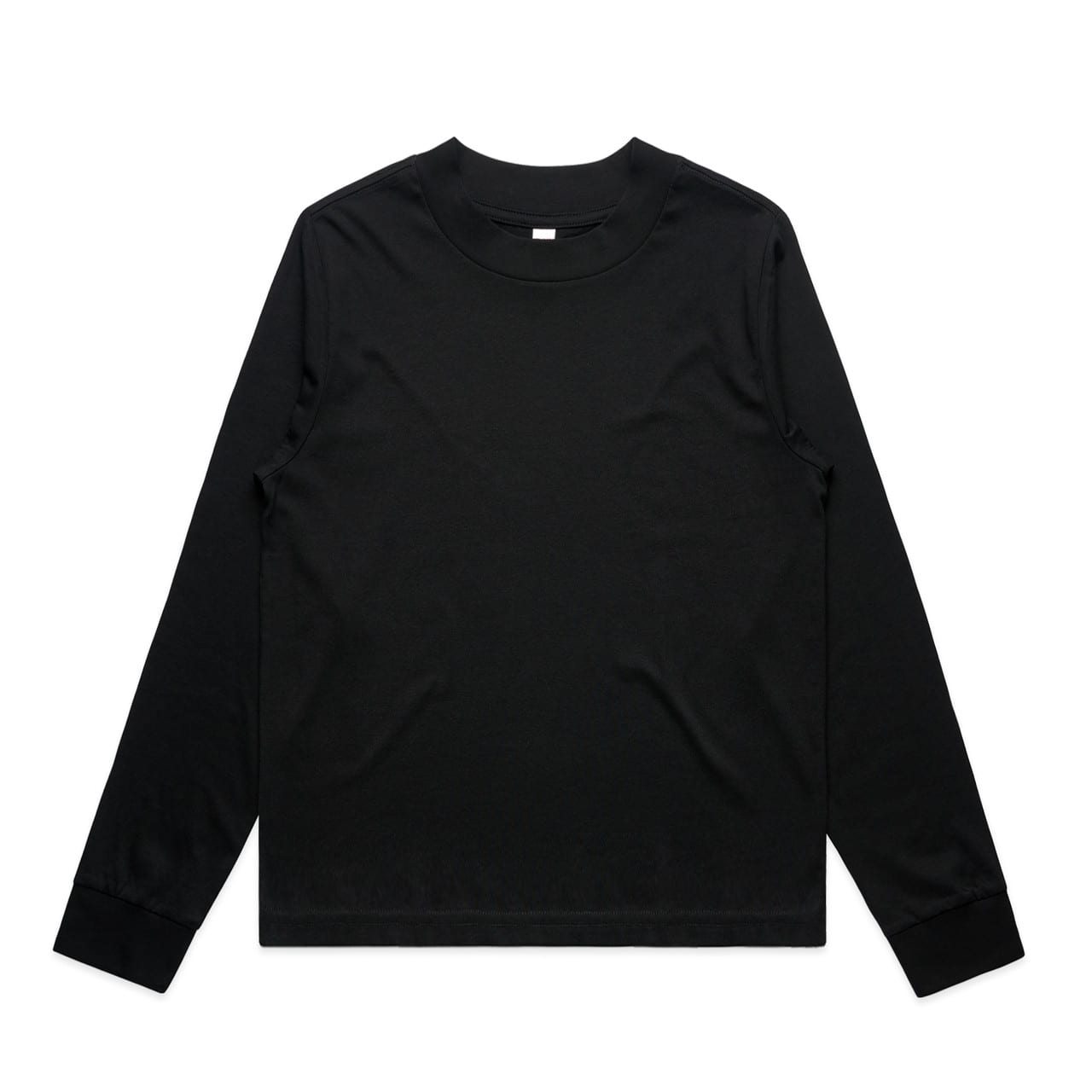 A black long-sleeve t-shirt with a round neckline and fitted cuffs. It features a logo on the front. Wo's Mock L/s Tee - Image 1