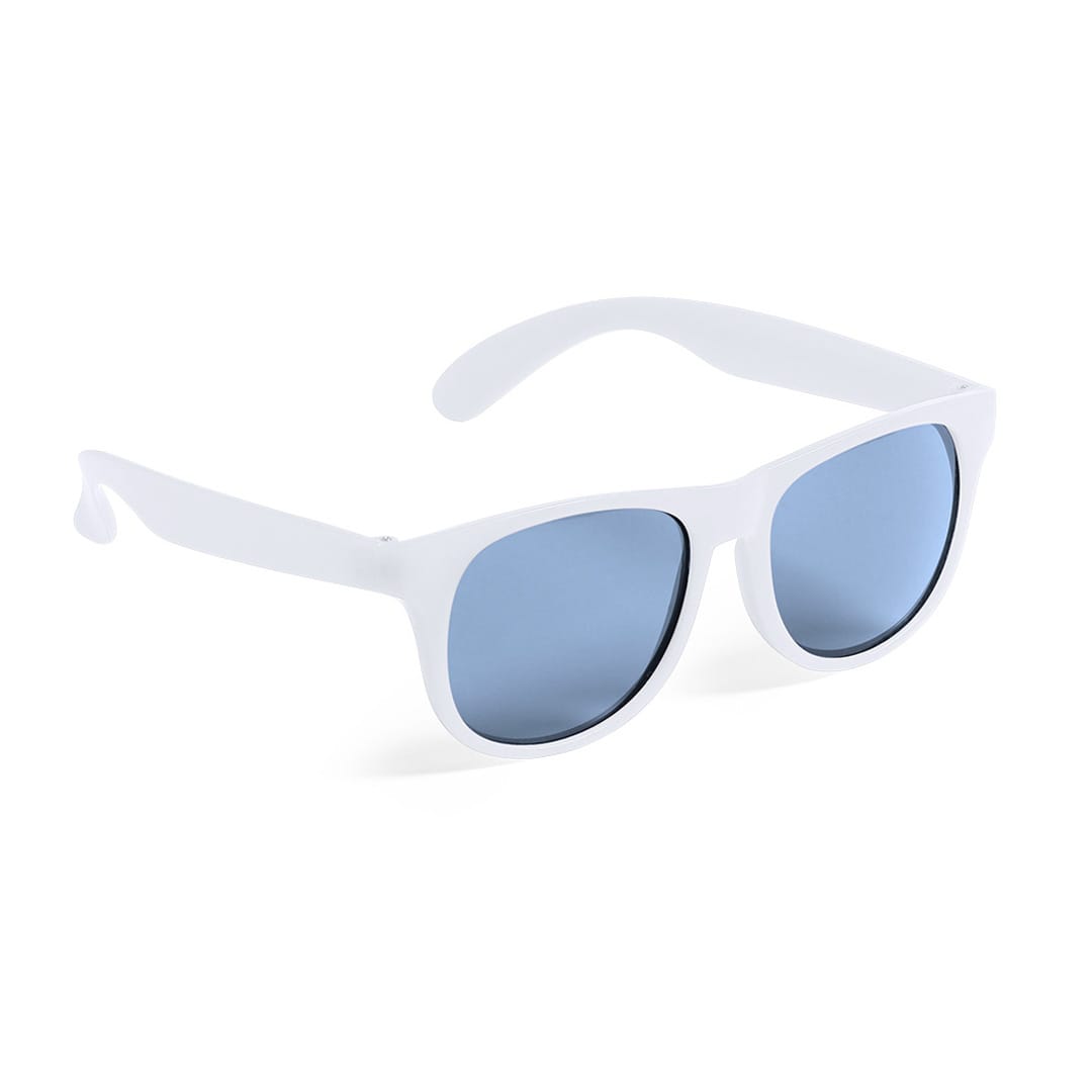 White sunglasses with blue lenses, featuring a modern design and a logo on the side. Malter Sunglasses - Image 1