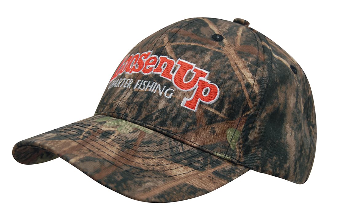 A camouflage six-panel cap in shades of green and brown, featuring a logo on the front. True Timber Camouflage 6 Panel Cap - Image 1