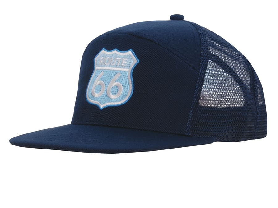 A navy blue A-frame cap with a mesh back and a badge featuring a route sign. The cap has a structured design. Premium American Twill A Frame Cap with Mesh Back - Image 1