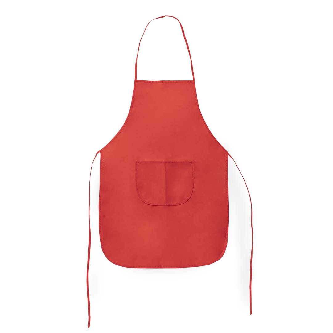 A red apron with a central pocket and ties on the sides. It features a logo on the front. Vanur Apron - Image 1
