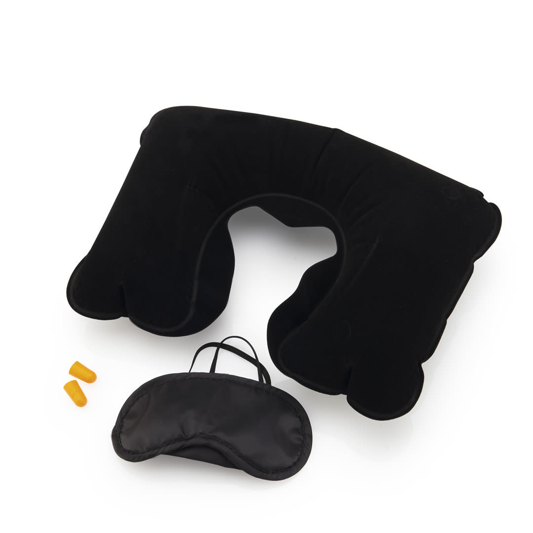 A black travel neck pillow, eye mask, and orange earplugs in a compact carry bag. The set is designed for comfort. Plonet Travel Set - Image 1