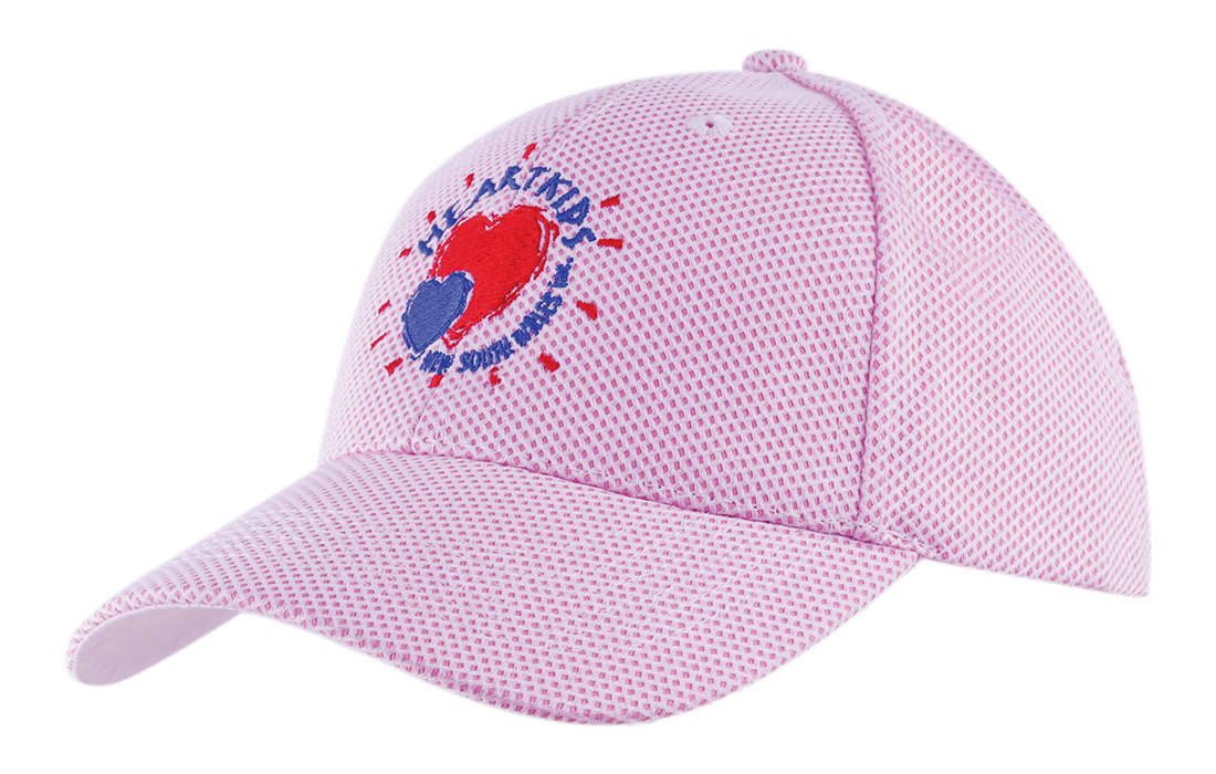 A pink mesh covered cotton twill cap with an embroidered logo on the front. Mesh Covered Cotton Twill - Image 1